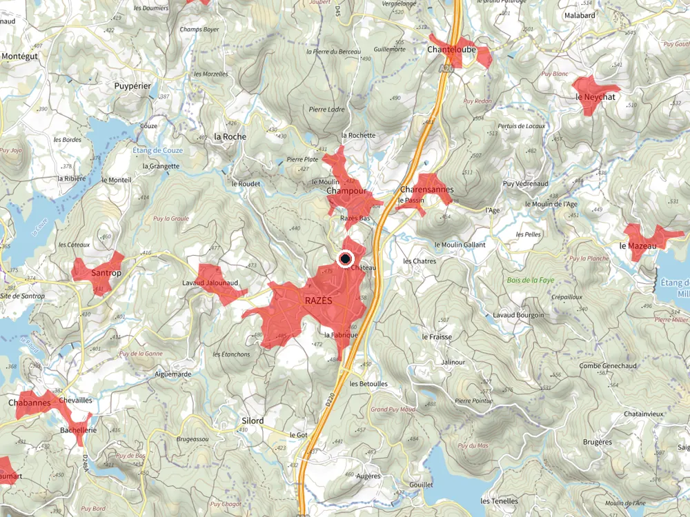 Carte des restrictions de vol pour les drones autour de Razès