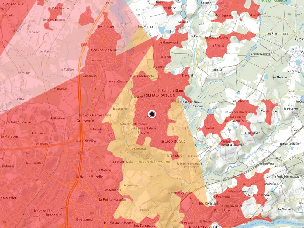 Carte des restrictions de vol pour les drones autour de Rilhac-Rancon