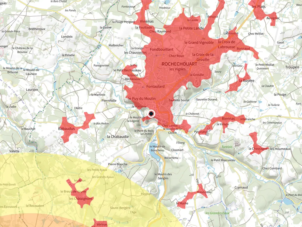 Carte des restrictions de vol pour les drones autour de Rochechouart