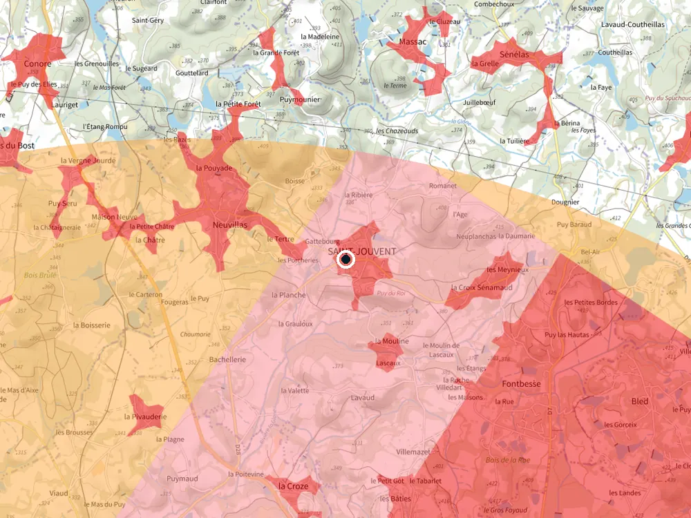 Carte des restrictions de vol pour les drones autour de Saint-Jouvent