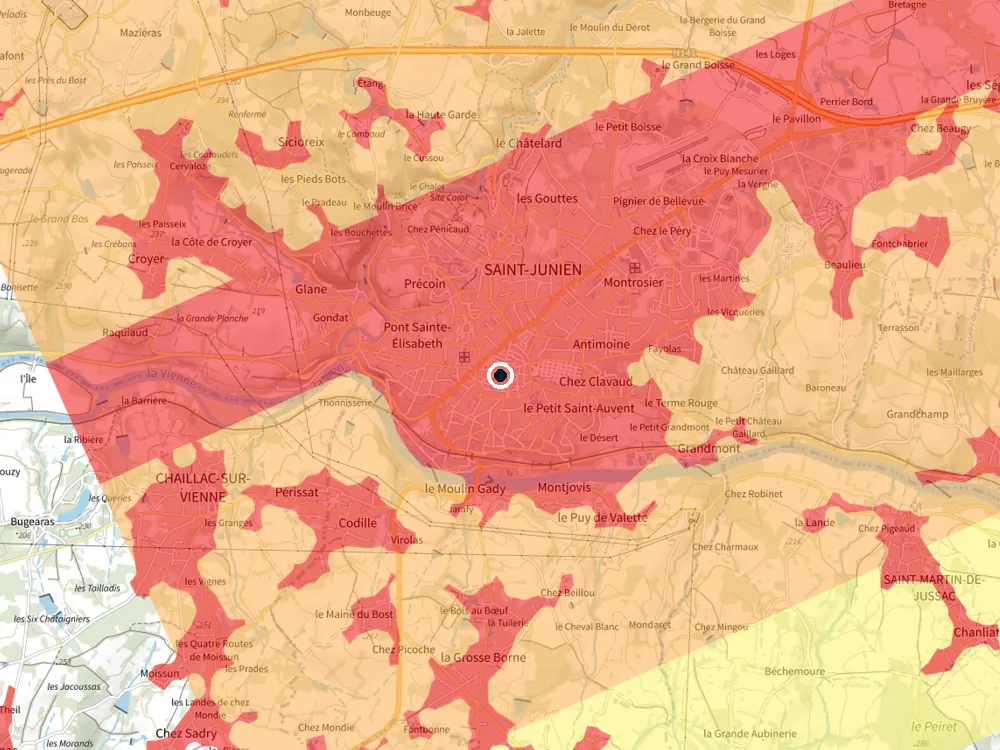 Carte des restrictions de vol pour les drones autour de Saint-Junien