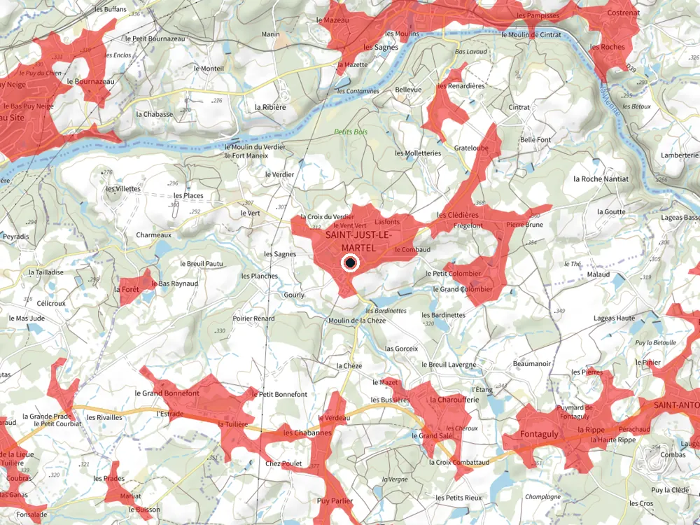 Carte des restrictions de vol pour les drones autour de Saint-Just-le-Martel