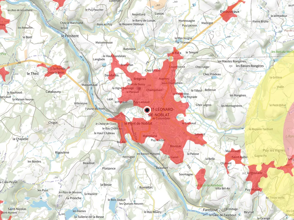 Carte des restrictions de vol pour les drones autour de Saint-Léonard-de-Noblat