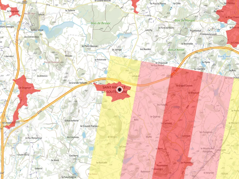 Carte des restrictions de vol pour les drones autour de Saint-Maurice-la-Souterraine
