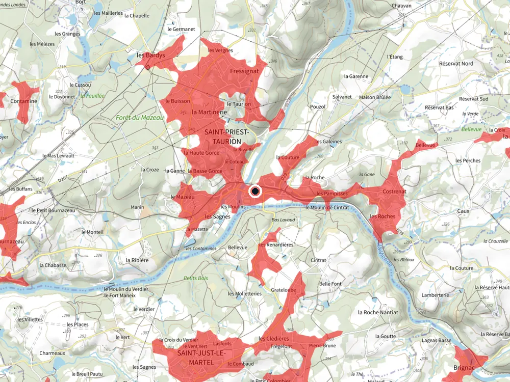 Carte des restrictions de vol pour les drones autour de Saint-Priest-Taurion