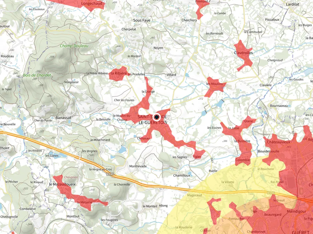 Carte des restrictions de vol pour les drones autour de Saint-Sulpice-le-Guérétois