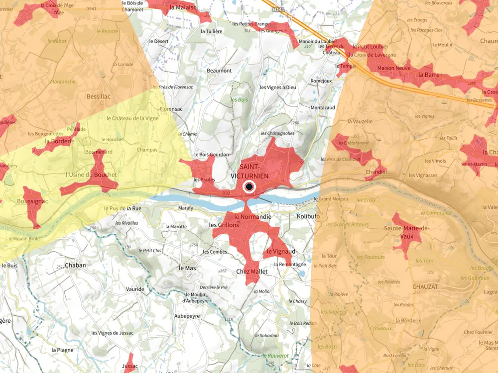 Carte des restrictions de vol pour les drones autour de Saint-Victurnien