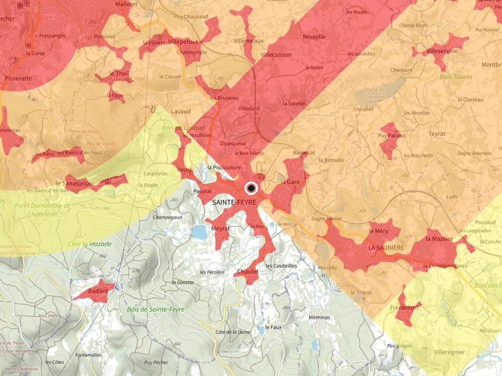 Carte des restrictions de vol pour les drones autour de Sainte-Feyre