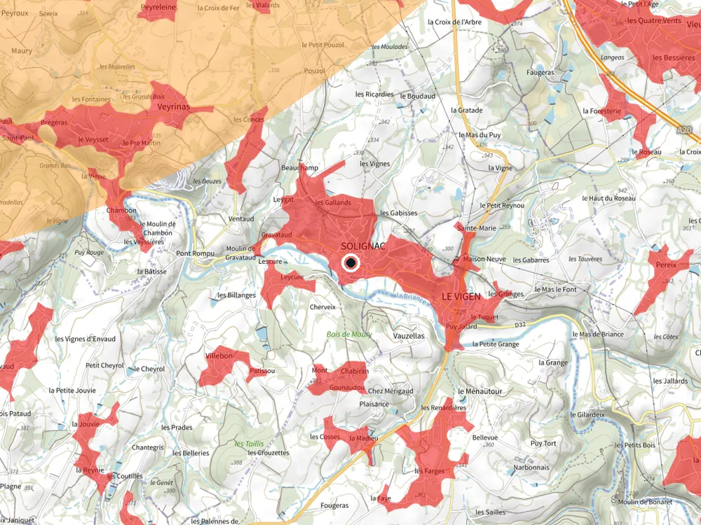 Carte des restrictions de vol pour les drones autour de Solignac