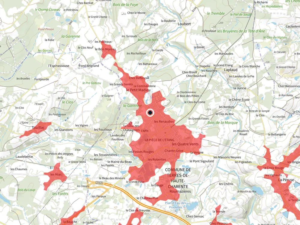 Carte des restrictions de vol pour les drones autour de Terres-de-Haute-Charente
