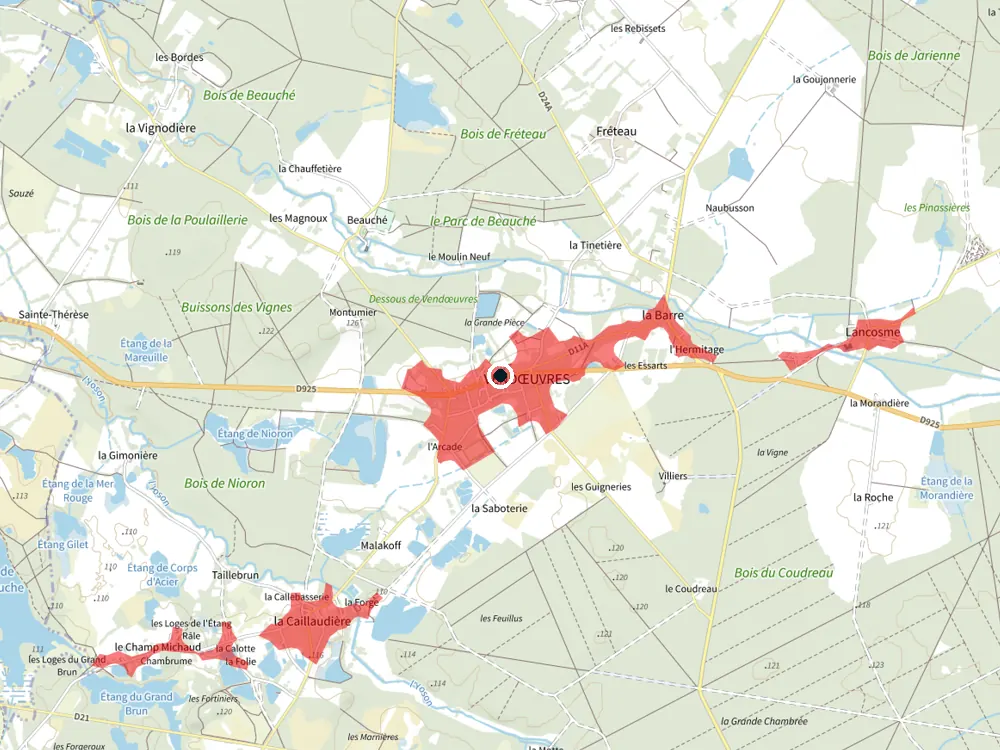 Carte des restrictions de vol pour les drones autour de Vendœuvres