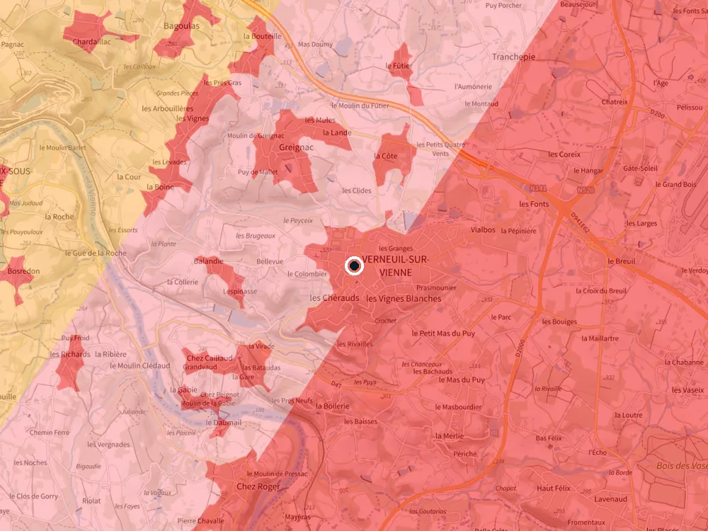 Carte des restrictions de vol pour les drones autour de Verneuil-sur-Vienne