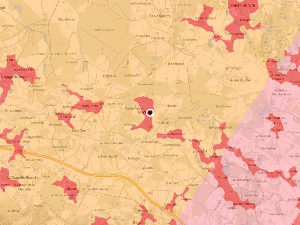 Carte des restrictions de vol pour les drones autour de Veyrac