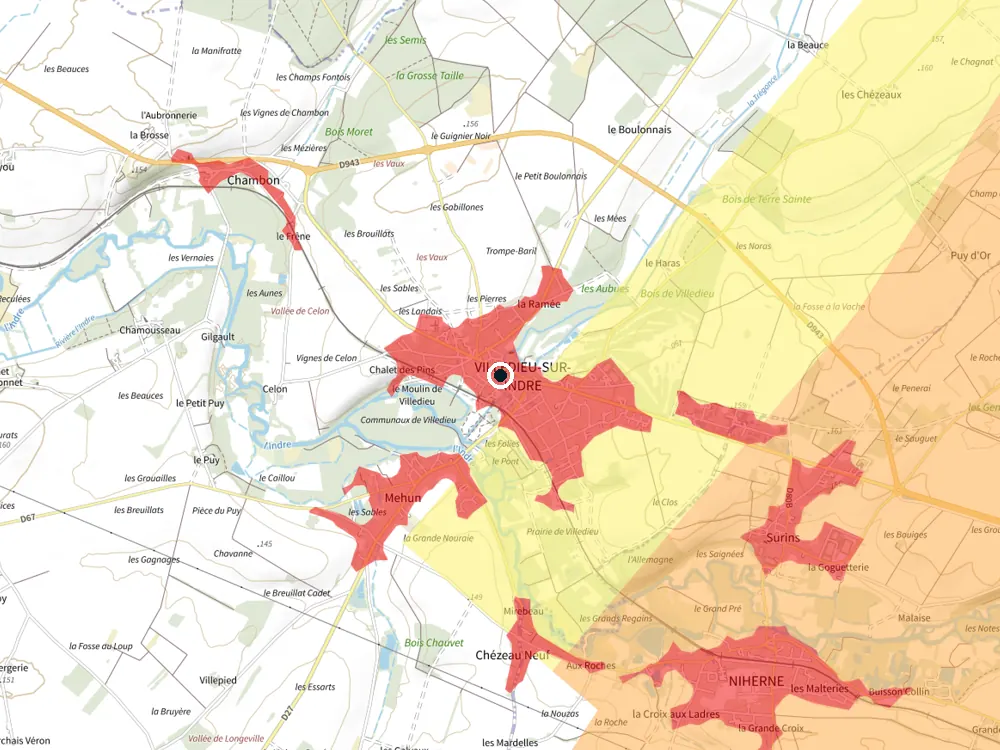 Carte des restrictions de vol pour les drones autour de Villedieu-sur-Indre